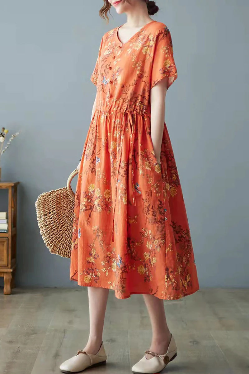Linen Orange Short Sleeve Round Neck Print Midi Dress