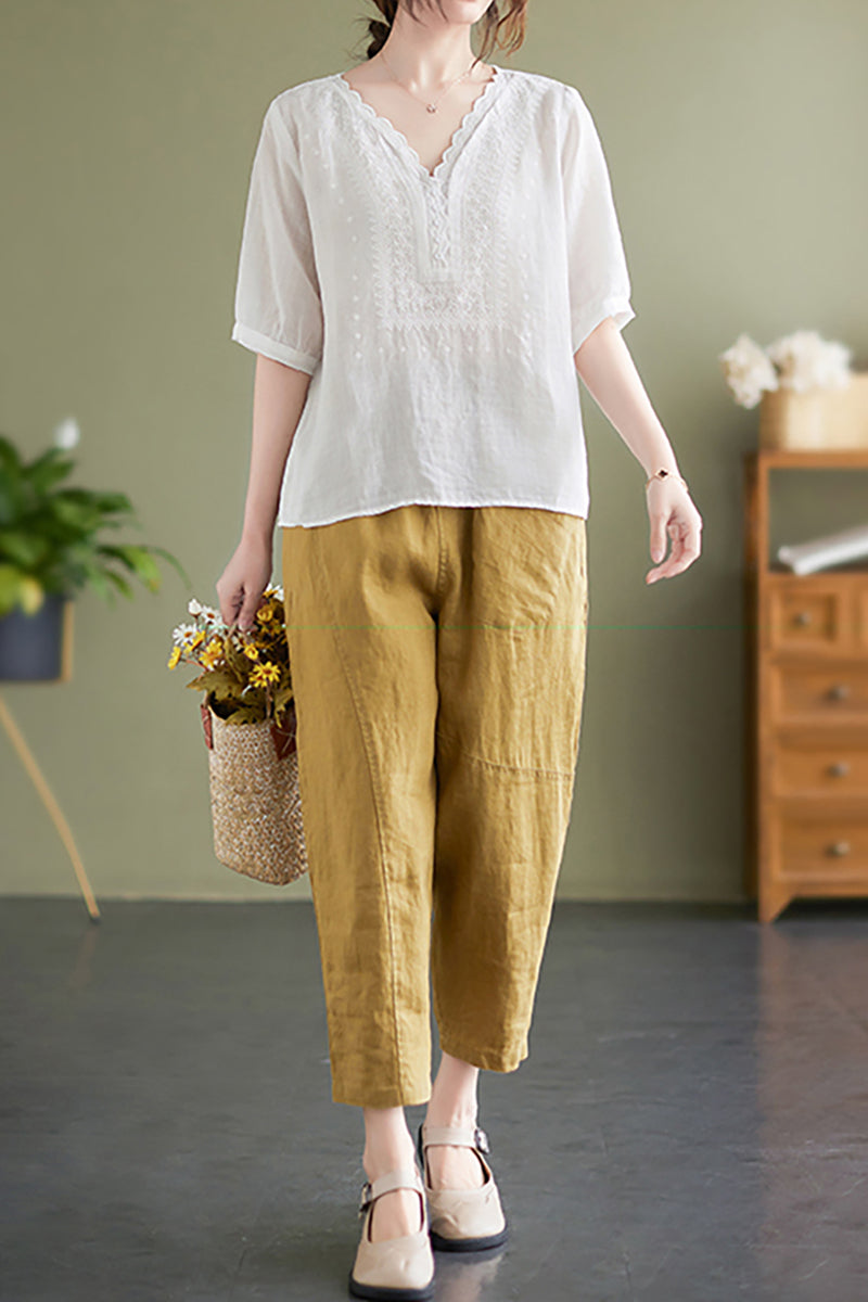 V Neck Embroidery Half Sleeve Linen Top