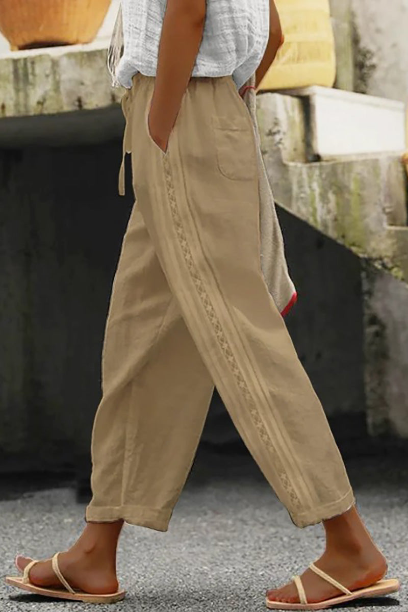 Patchwork Drawstring Pocket Linen Straight Leg Pants
