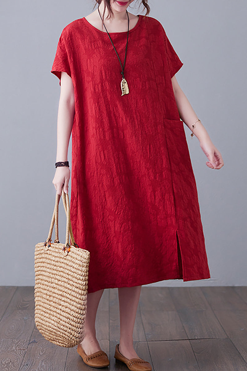 Round Neck Short Sleeve Linen Midi Dress