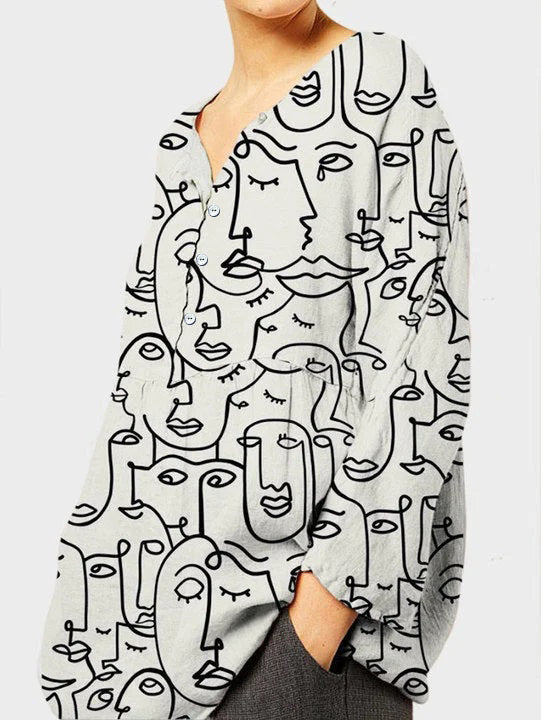 Pattern Print Long Sleeve Linen Casual Blouse