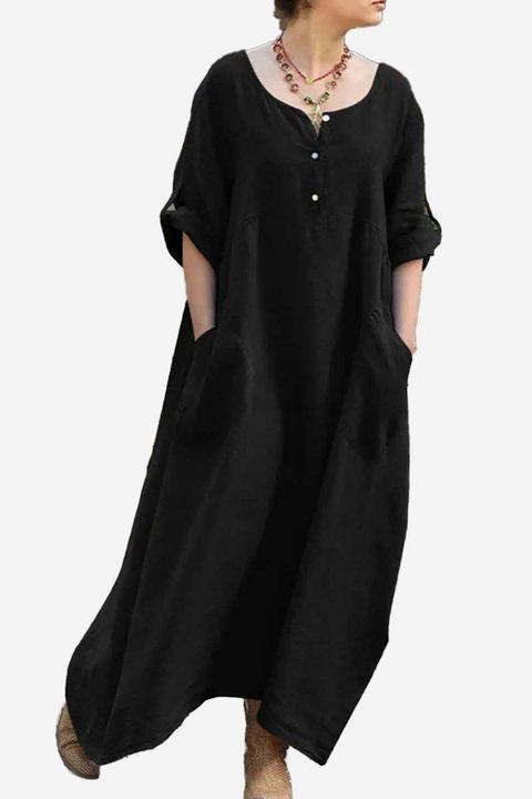 Roll Up Sleeve Irregular Neck Pocket Button Pleated Linen Maxi Dress