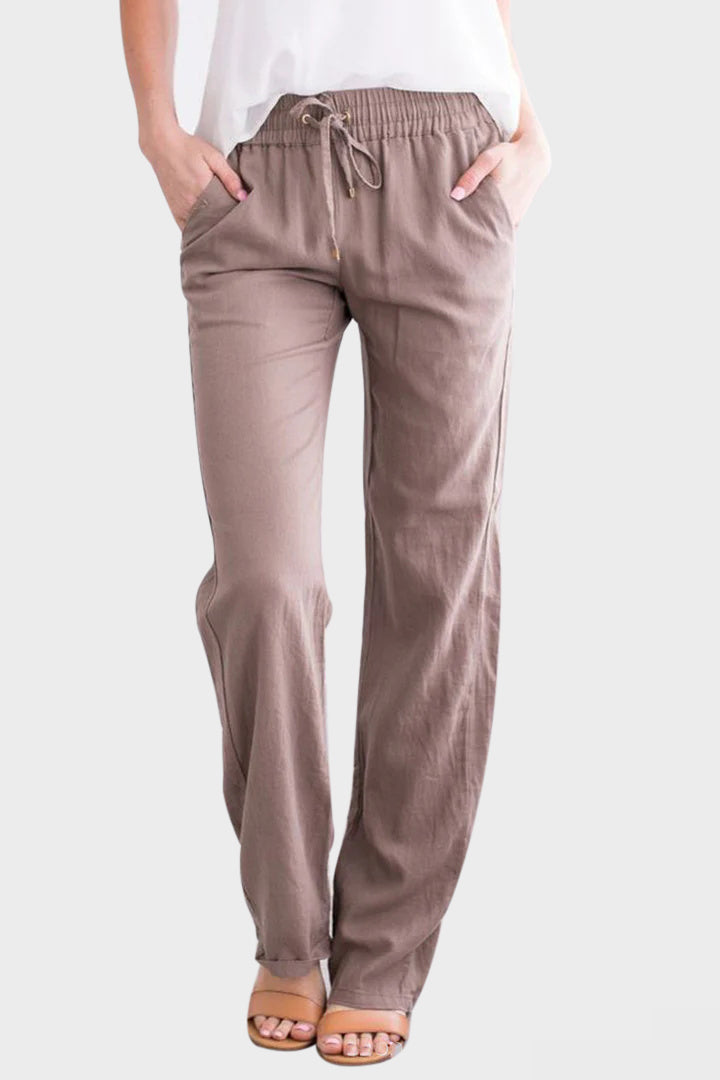 Linen Drawstring Waist Pocket Casual Straight Pants