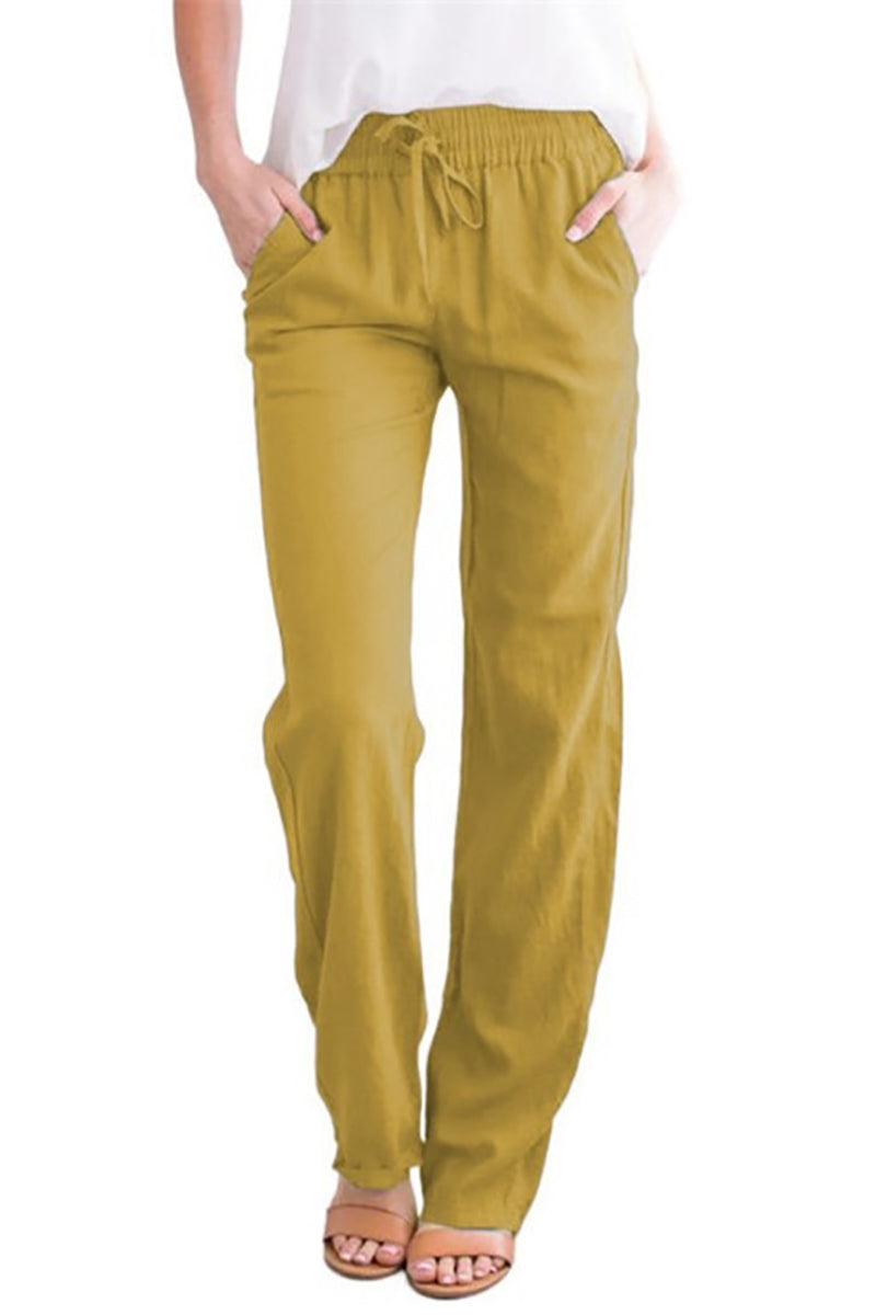 Linen Drawstring Waist Pocket Casual Straight Pants