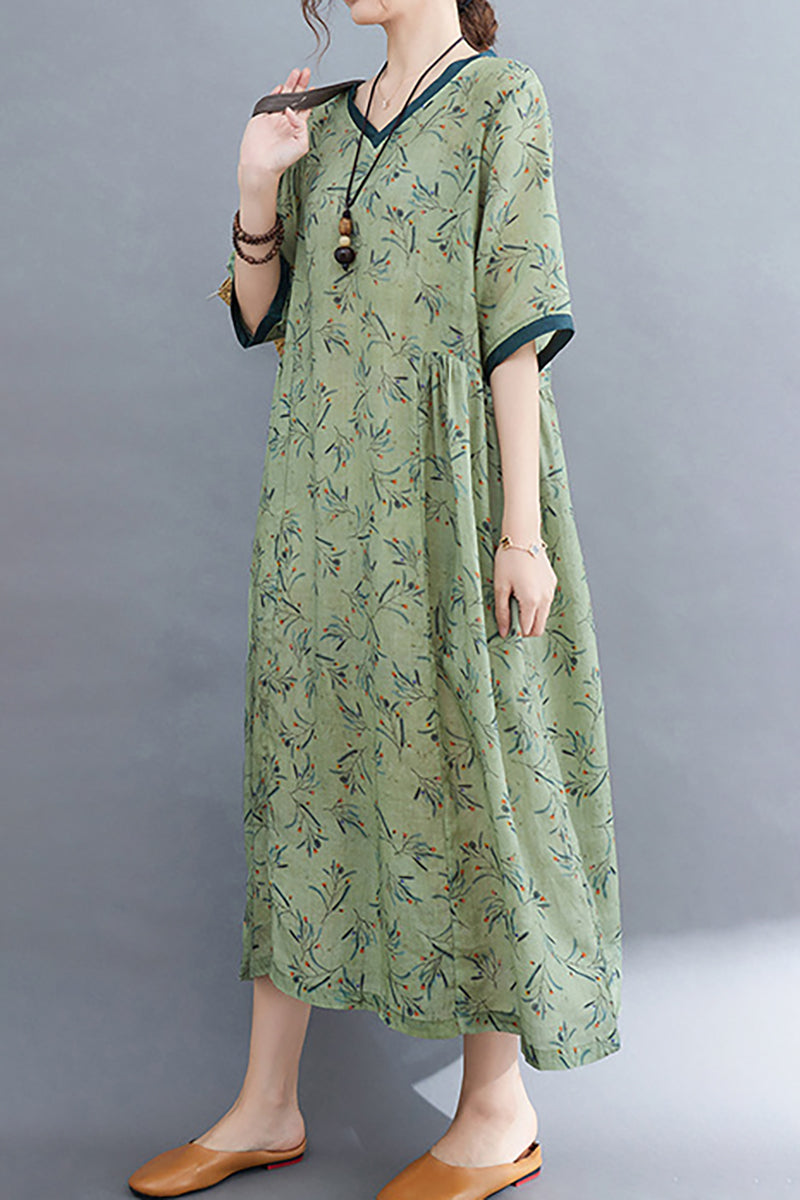 Half Sleeve V Neck Floral Print Linen Midi Dress