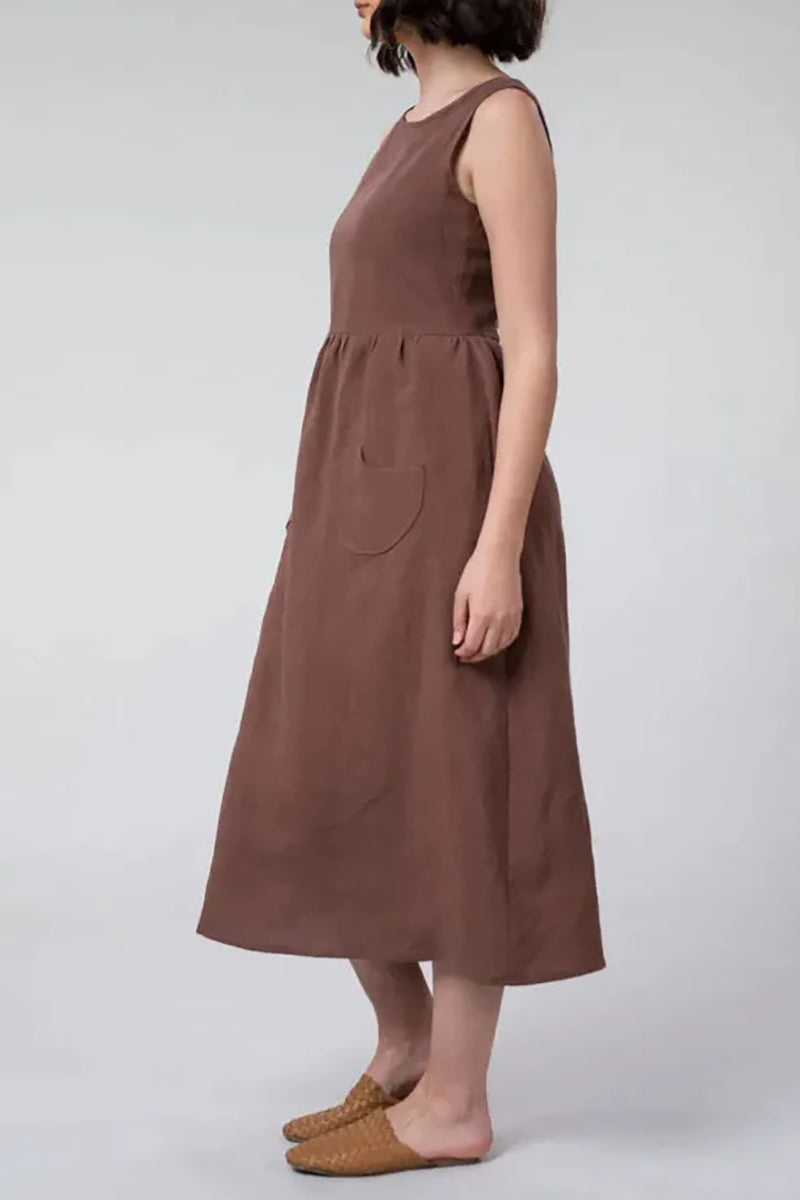 Linen Brown Pleated Pocket Midi Dress PRE-ORDER