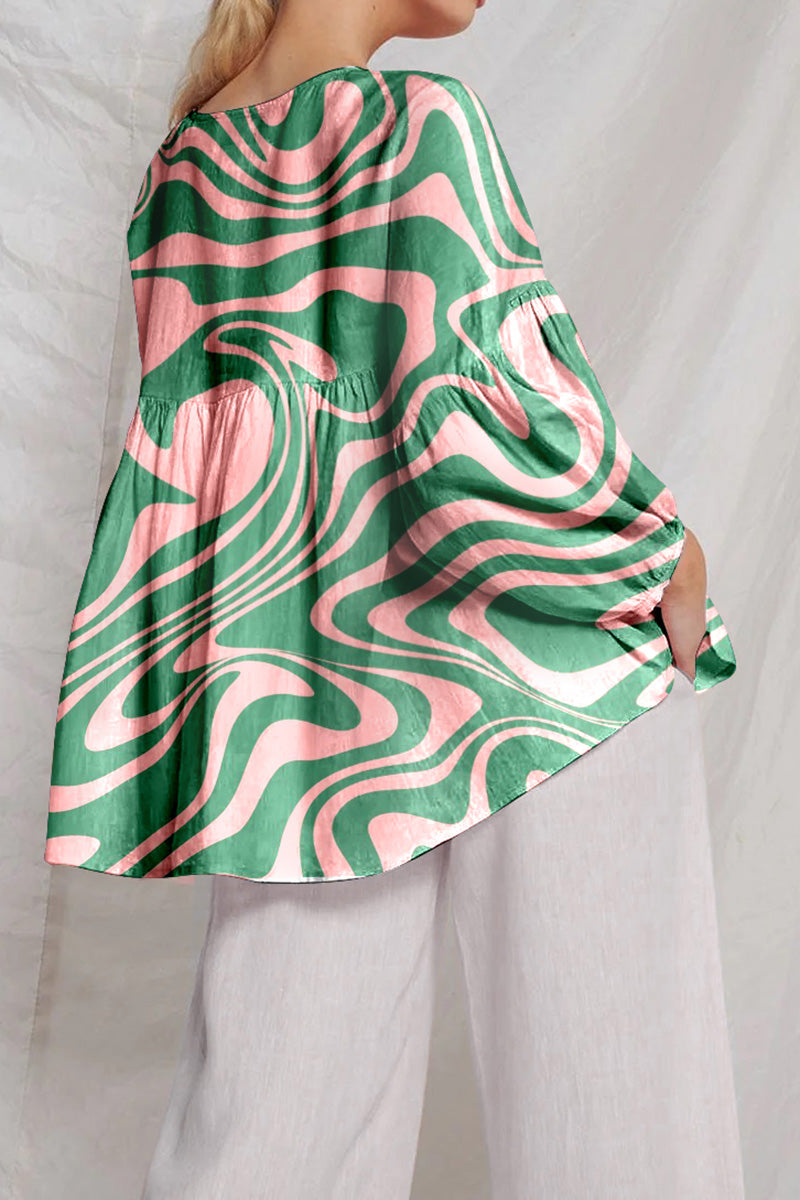 Deep V Neck Long Puff Sleeve Green Printed Linen Top PRE-ORDER