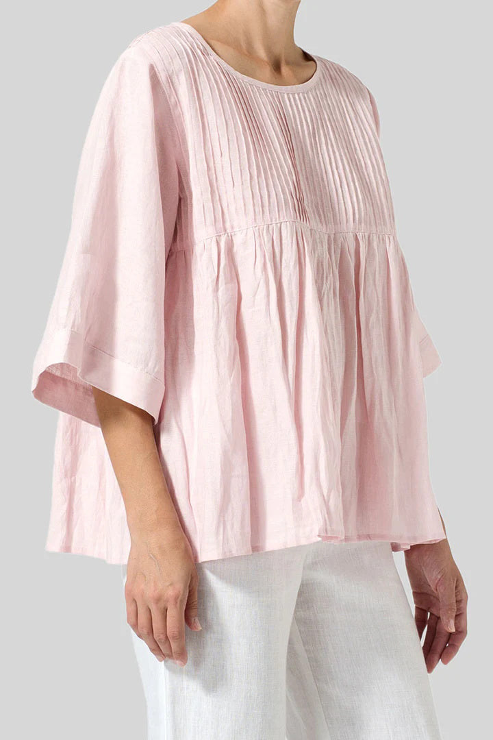 Pleated Linen Wide Half Sleeve Loose Pink Top
