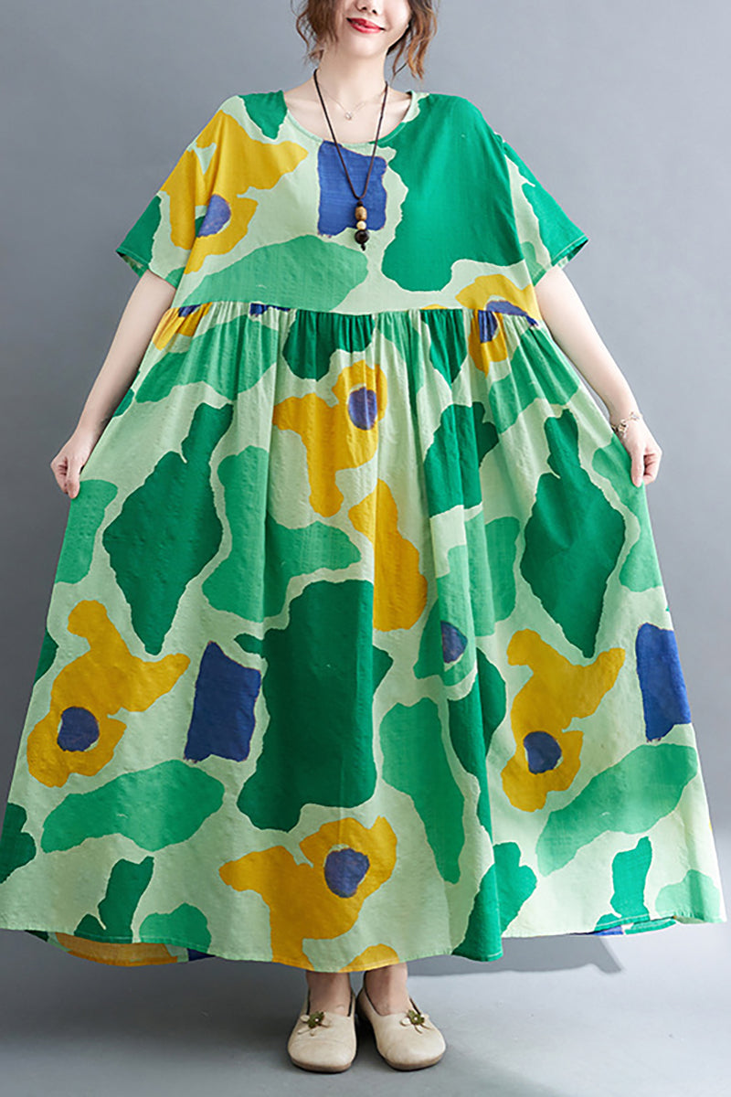 Green Short Sleeve Printed Pleated Linen Maxi Dress