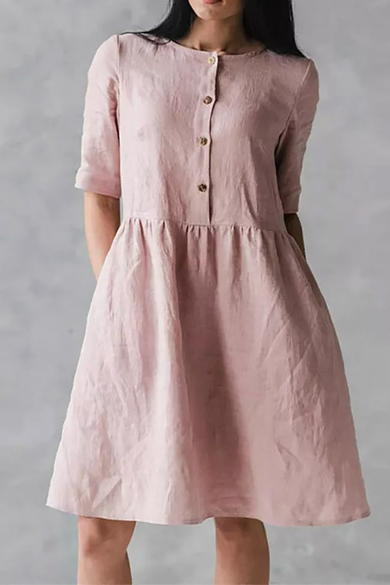 Round neck half-sleeve pocket pleated linen mini dress