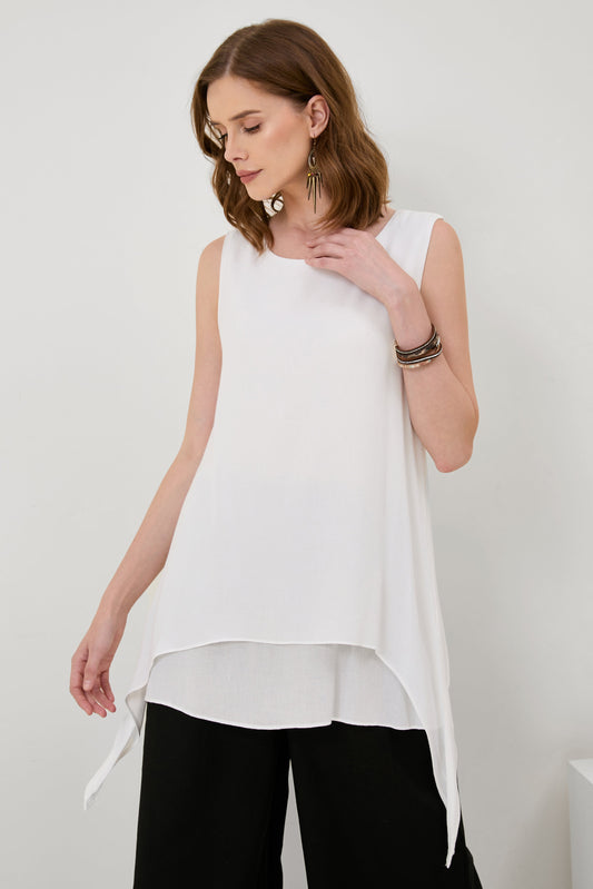 Womens Linen Crinkle Gauze Sleeveless Layered Shirt