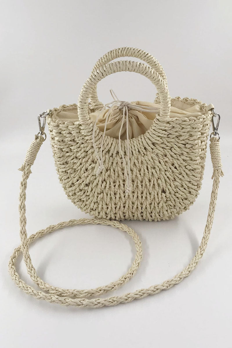 O-Ring Handle Drawstring Straw Crossbody Bag
