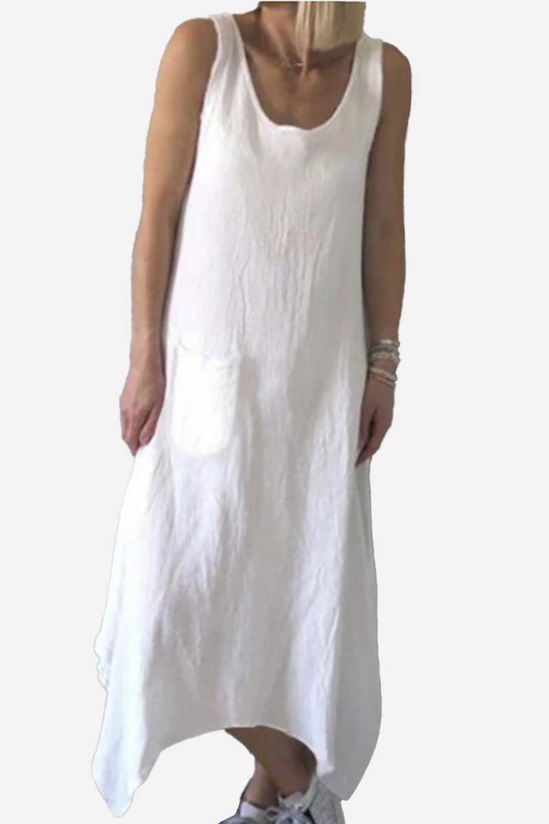 Round Neck Sleeveless Pocket Irregular Hem Linen Midi Dress