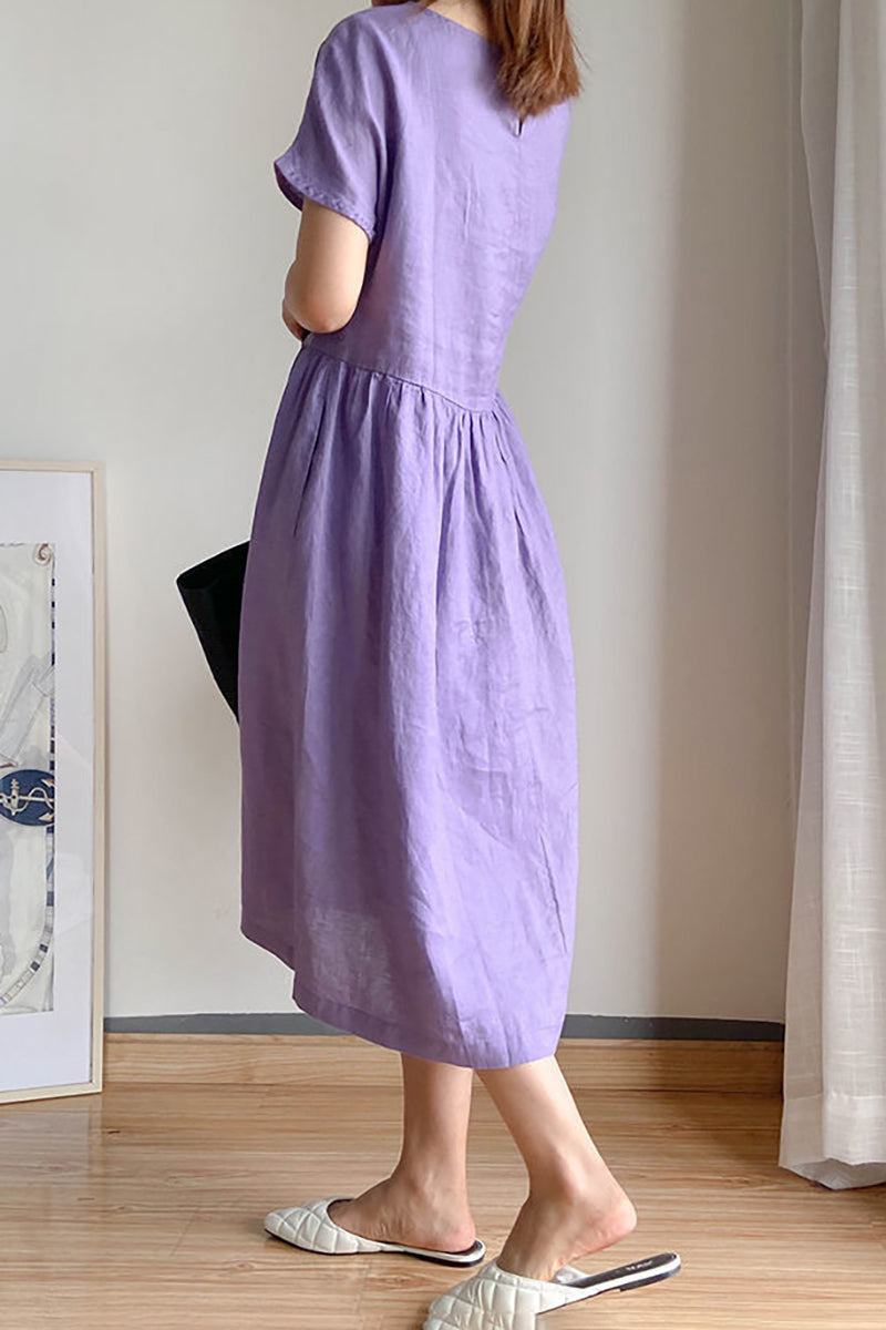 Linen Round Neck Short Sleeve Loose Fit Casual Midi Dress