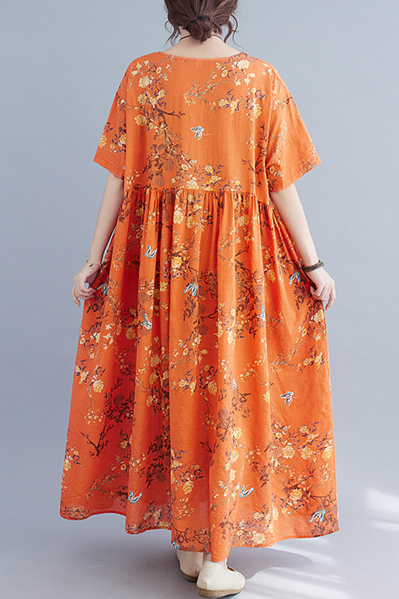 Orange Short Sleeved Round Neck Floral Print Linen Maxi Dress