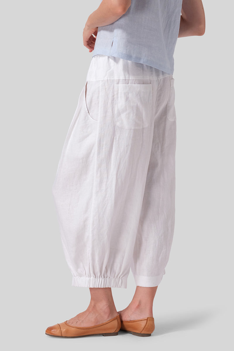 Linen White Elastic Waist Pleated Ninth Pants Pre Order