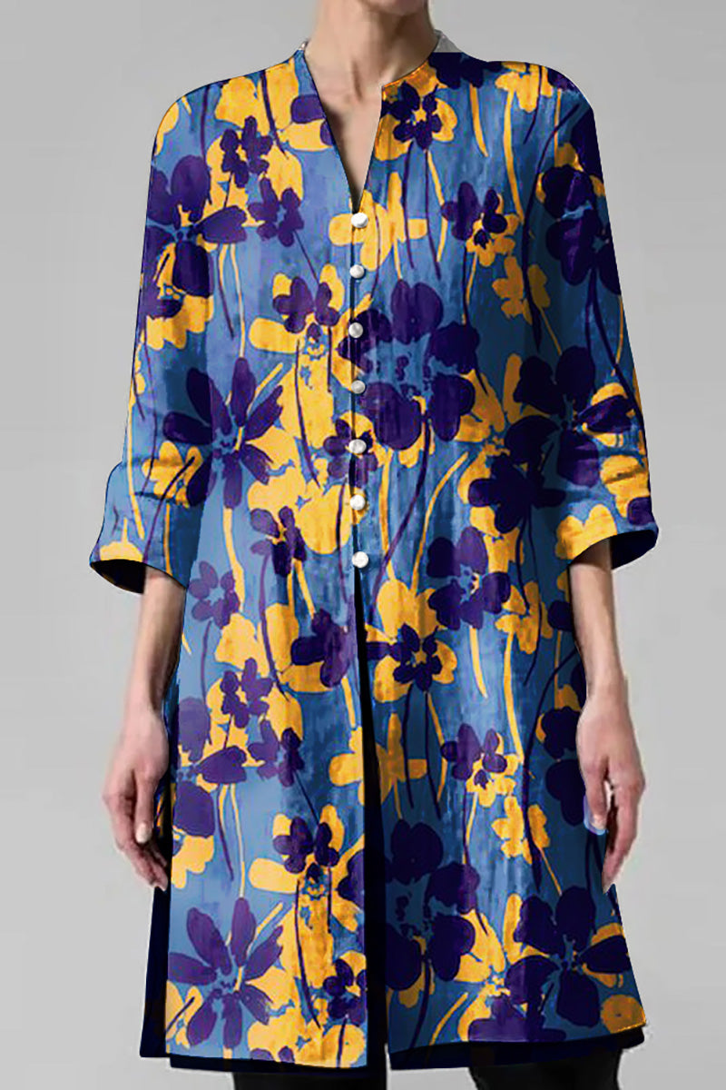 Asymmetric Neckline 3/4 Sleeve Printed Slit Blue Linen Top PRE-ORDER