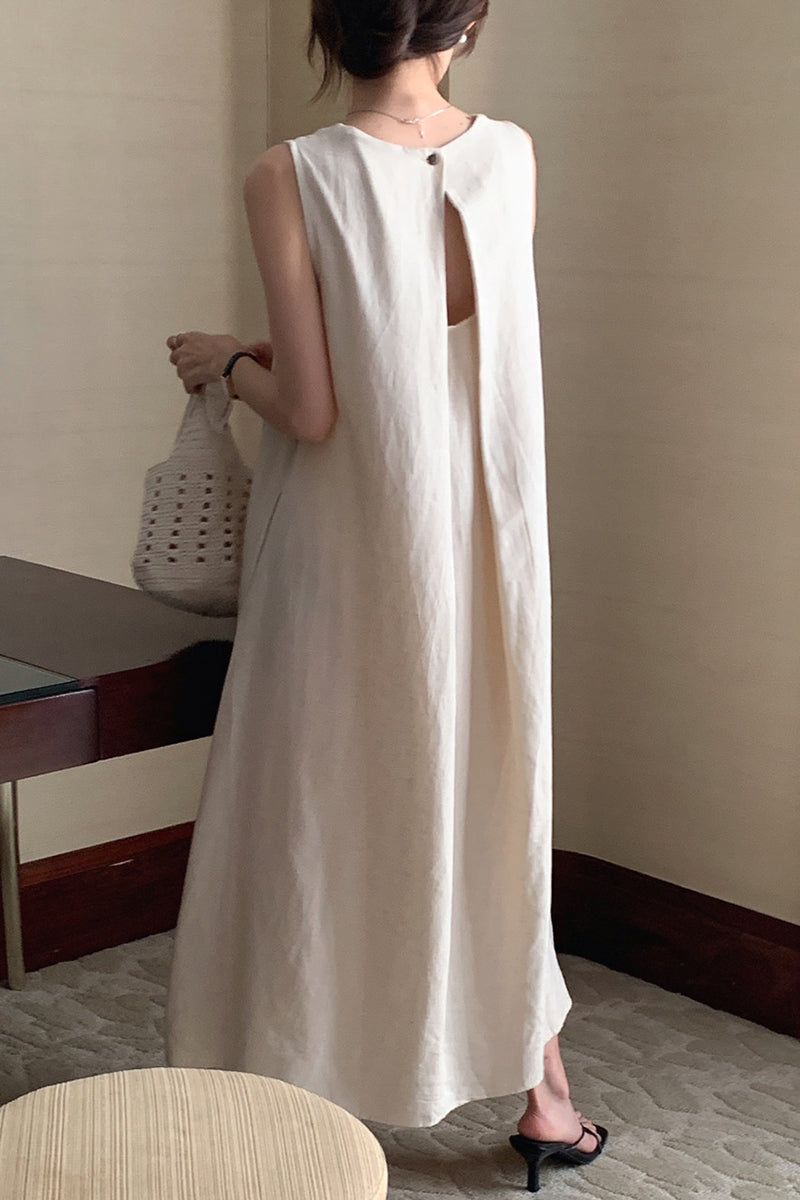 Linen Sleeveless Round Neck Cutout Maxi Dress