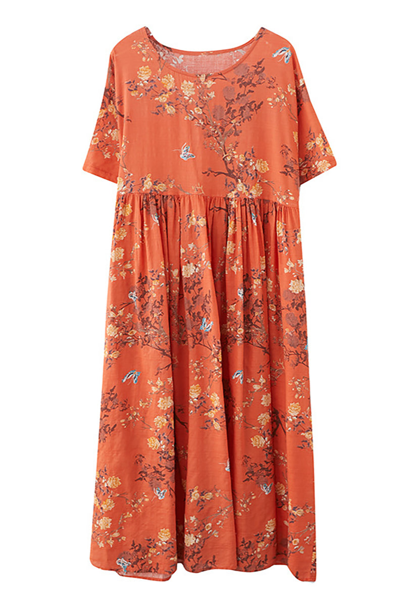 Orange Short Sleeved Round Neck Floral Print Linen Maxi Dress