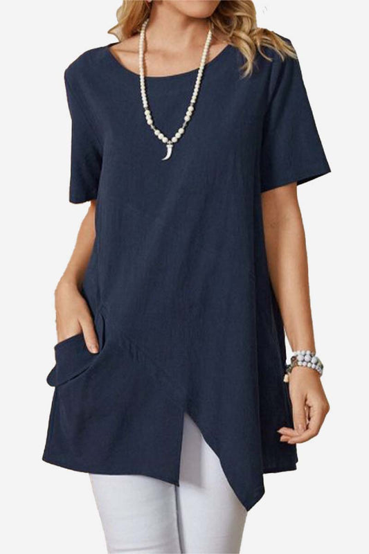 Blue Linen Top with Crew Neck Pockets and Irregular Slits