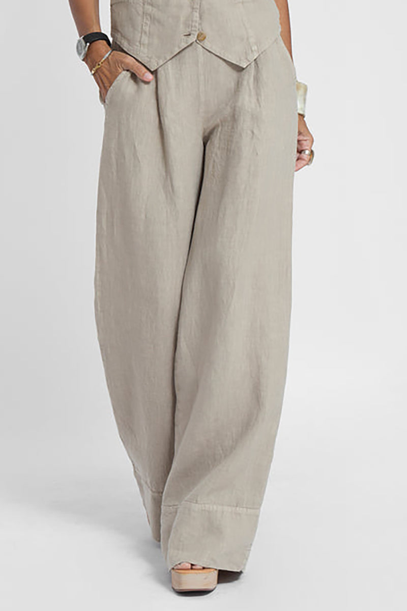 Pocket Wide Leg Pleated Linen Beige Pants Pre Order