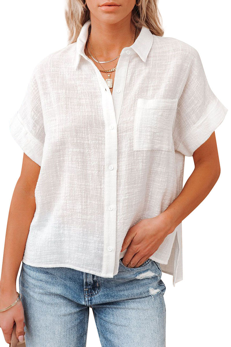 Linen Short Sleeve Side Slit Button Down Shirt