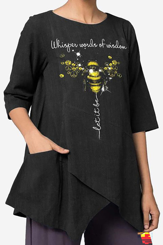 Bee Alphabet Black Pocket Irregular Hem Casual Top