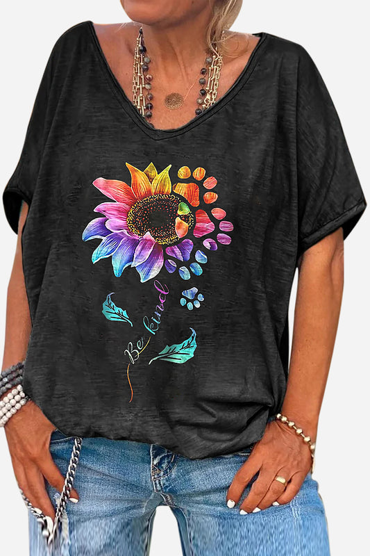 Black Deep V Neck Short Sleeve Sunflower Letter Print Linen T-shirt