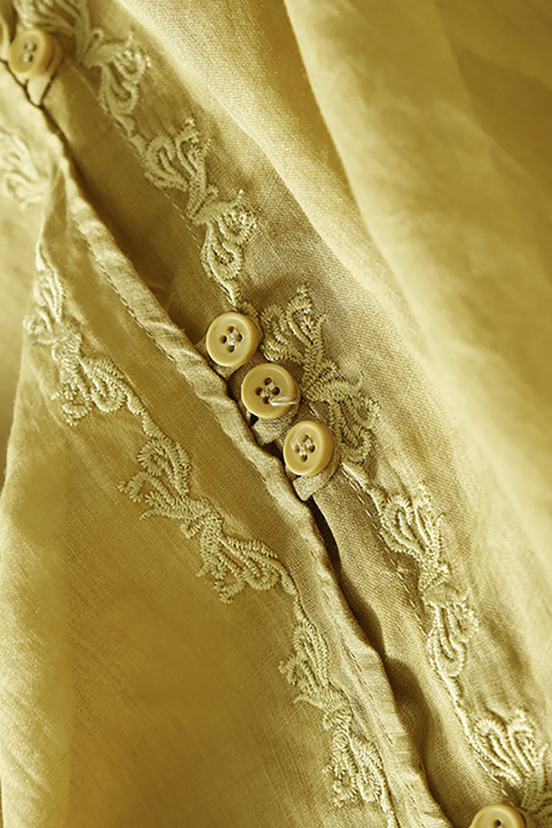 V Neck Three Quarter Sleeve Embroidered Linen Top