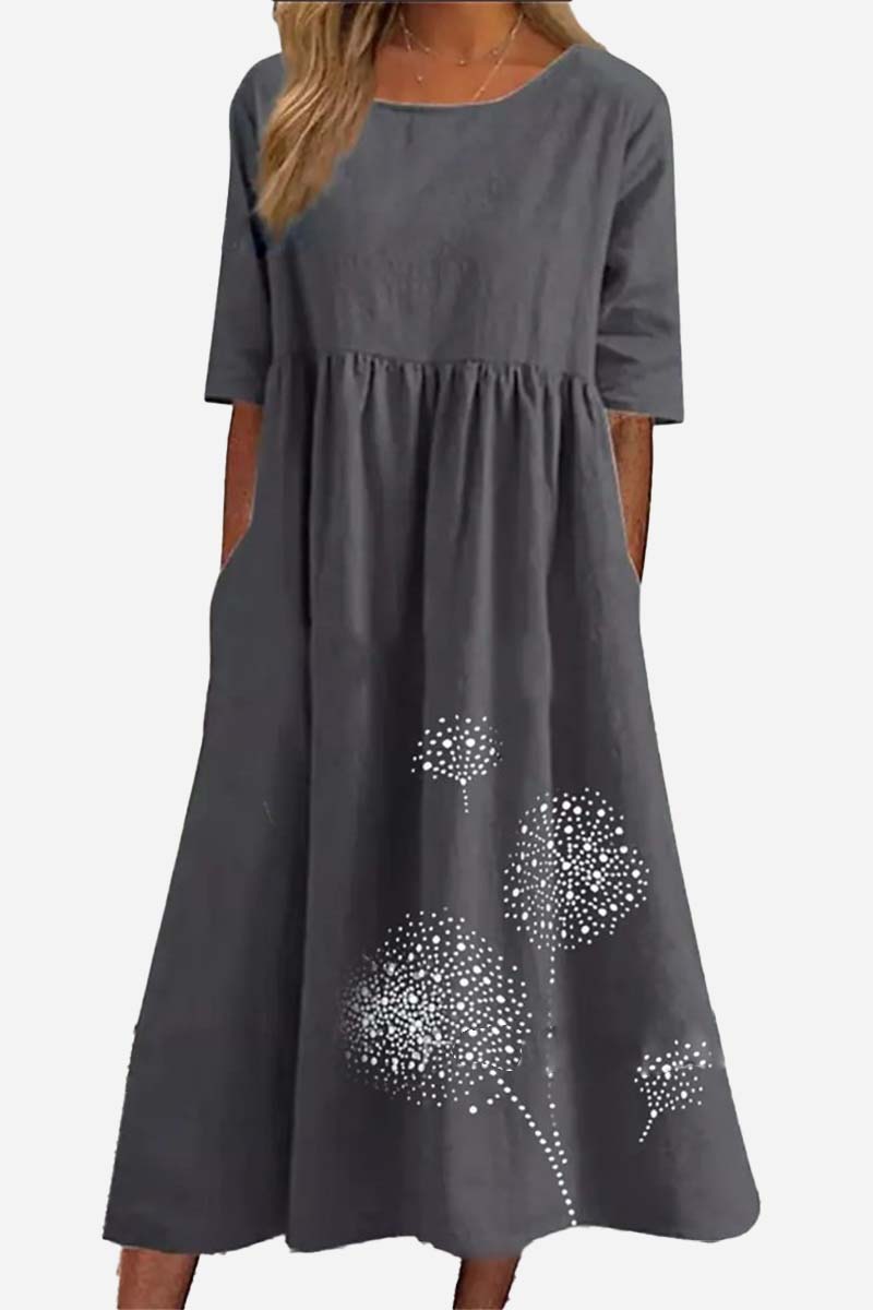 Round Neck Half Sleeve Pleated Print Linen Midi Dress