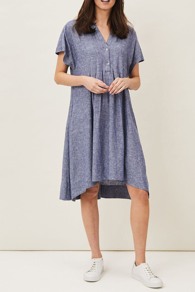 Linen Blue Irregular Neck Short Sleeve Button Pleated Midi Dress Pre Order