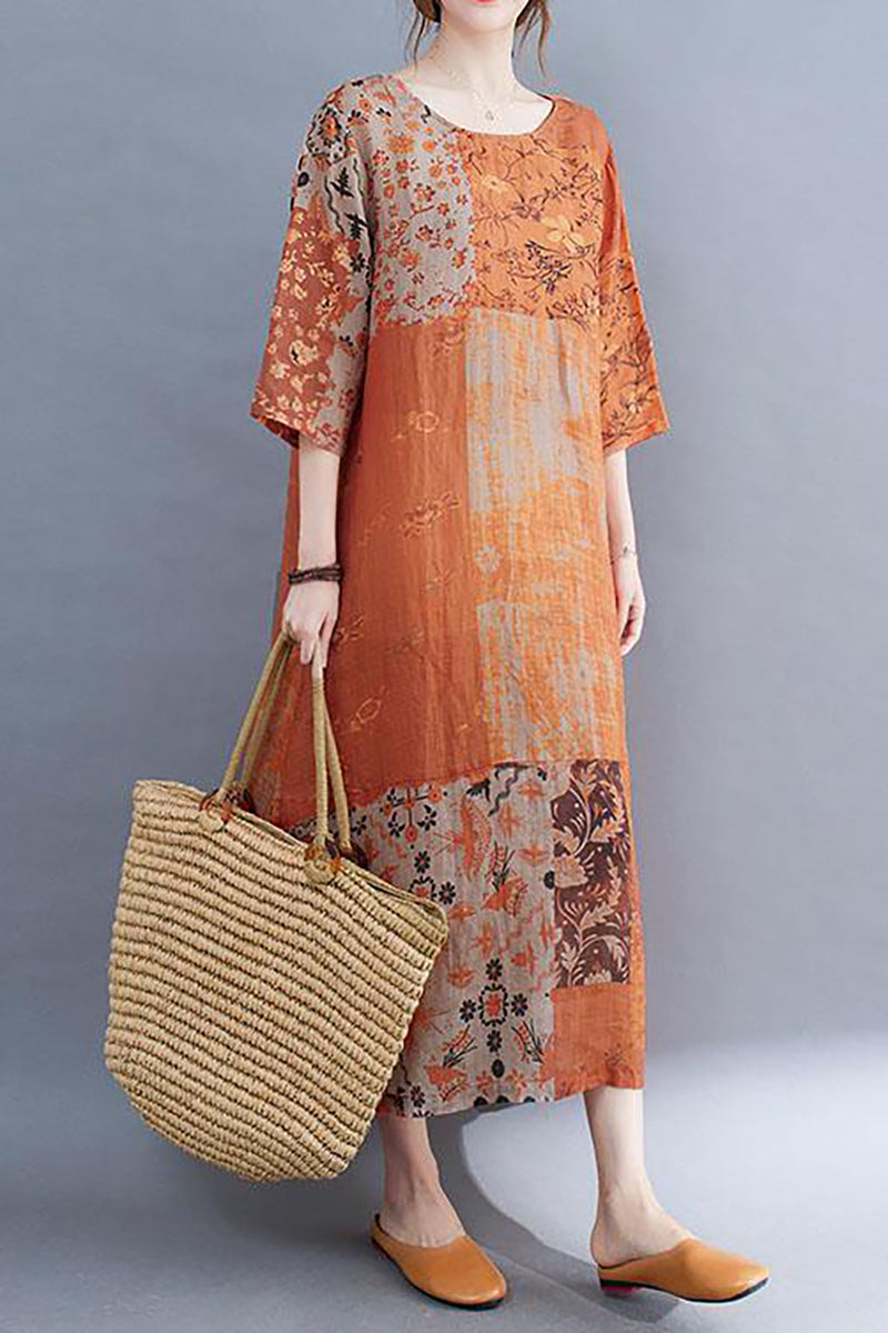 Linen Orange Three Quarter Sleeve Round Neck Patchwork Print Midi Dress