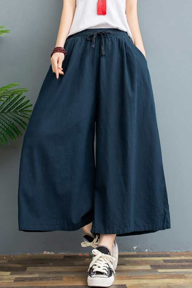 Wide Leg Drawstring Pocket Casual Linen Pants