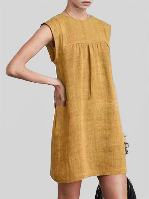 Solid Color Cotton Linen Airplane Sleeve Solid Color Dress