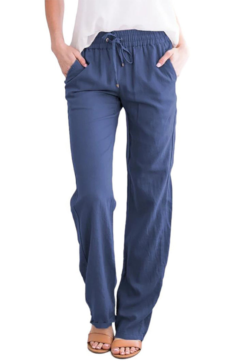 Pocket Drawstring Linen Straight Pants