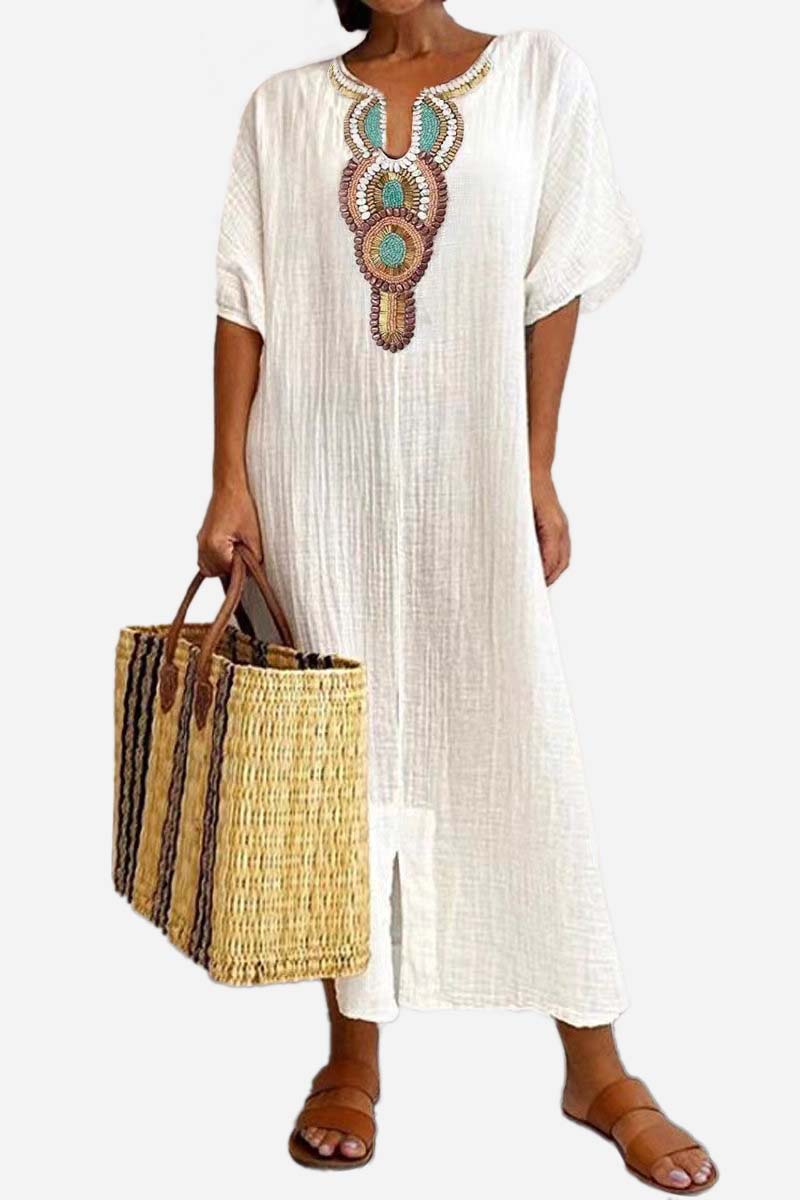 Cropped Neck Bell Sleeve Embroidered Slit Linen Midi Dress
