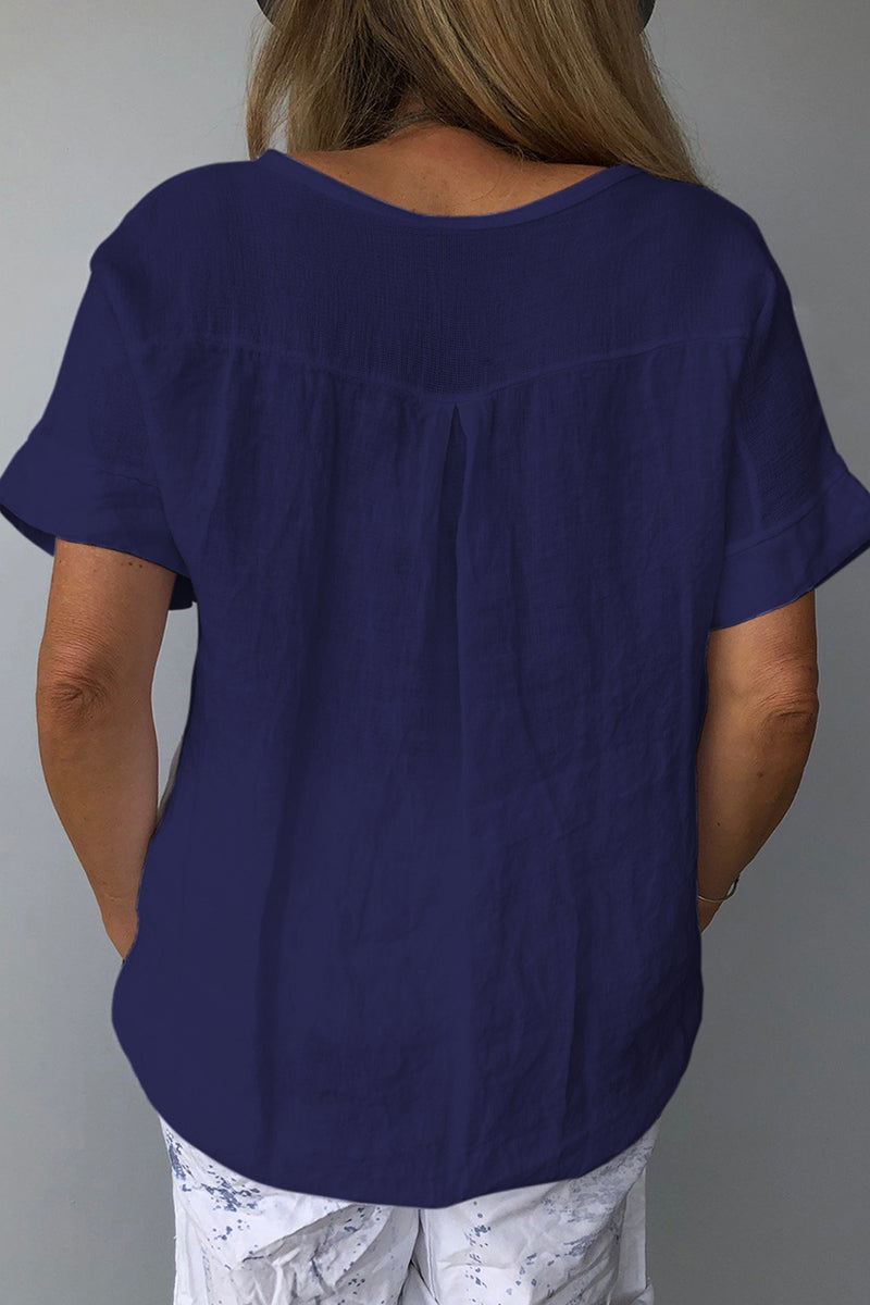 Dandelion Print V Neck Short Sleeve Casual Linen Top