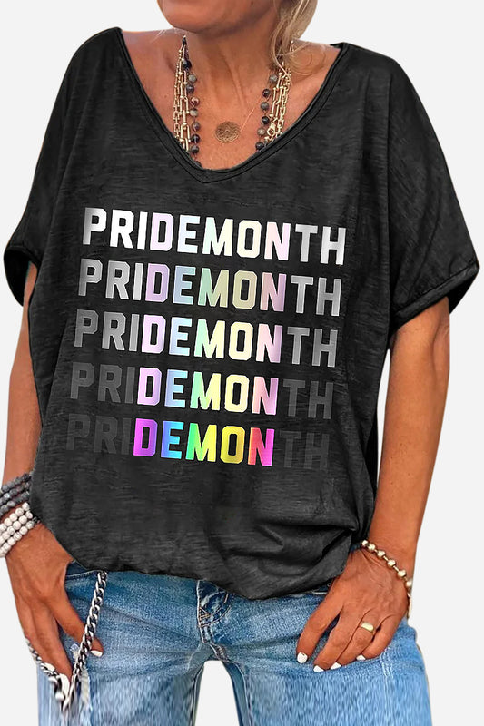 Black Deep V Neck Short Sleeve PRIDE MONTH Print Linen T-shirt