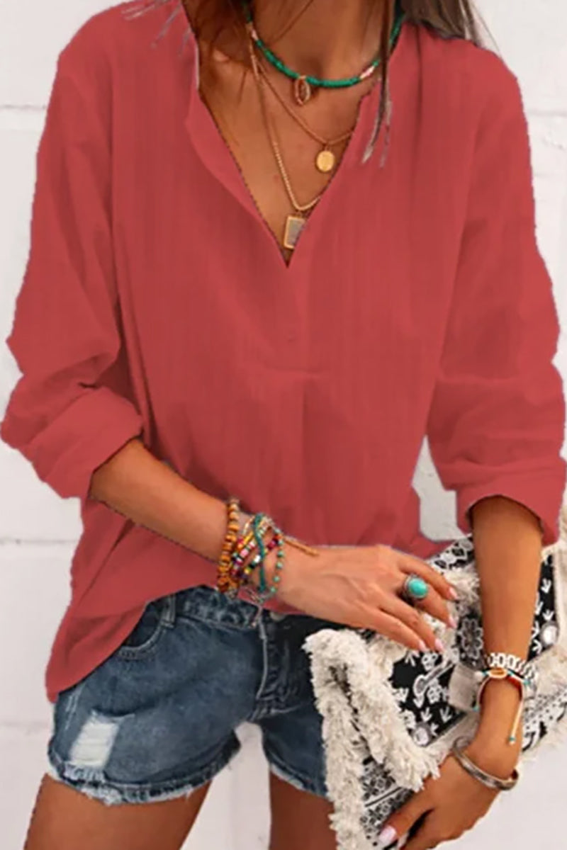 V Neck Long Sleeve Striped Button Up Casual Linen Blouse