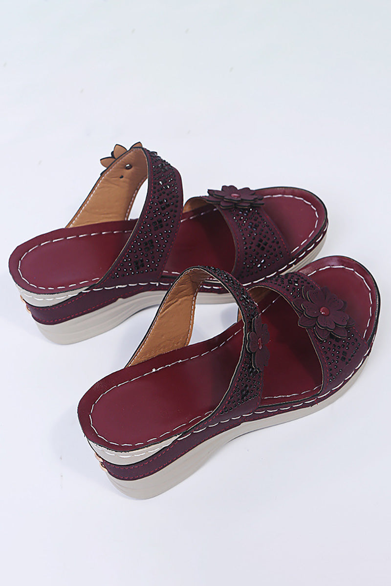 Rhinestone 3D Flower Decor PU Leather High Heel Round Toe Shoes