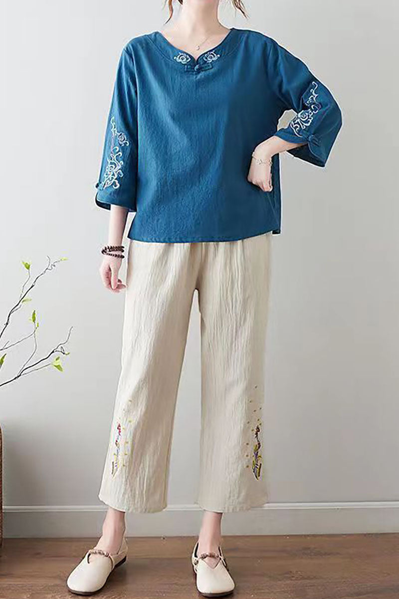 Embroidery Trim Vintage Button Casual Linen Top