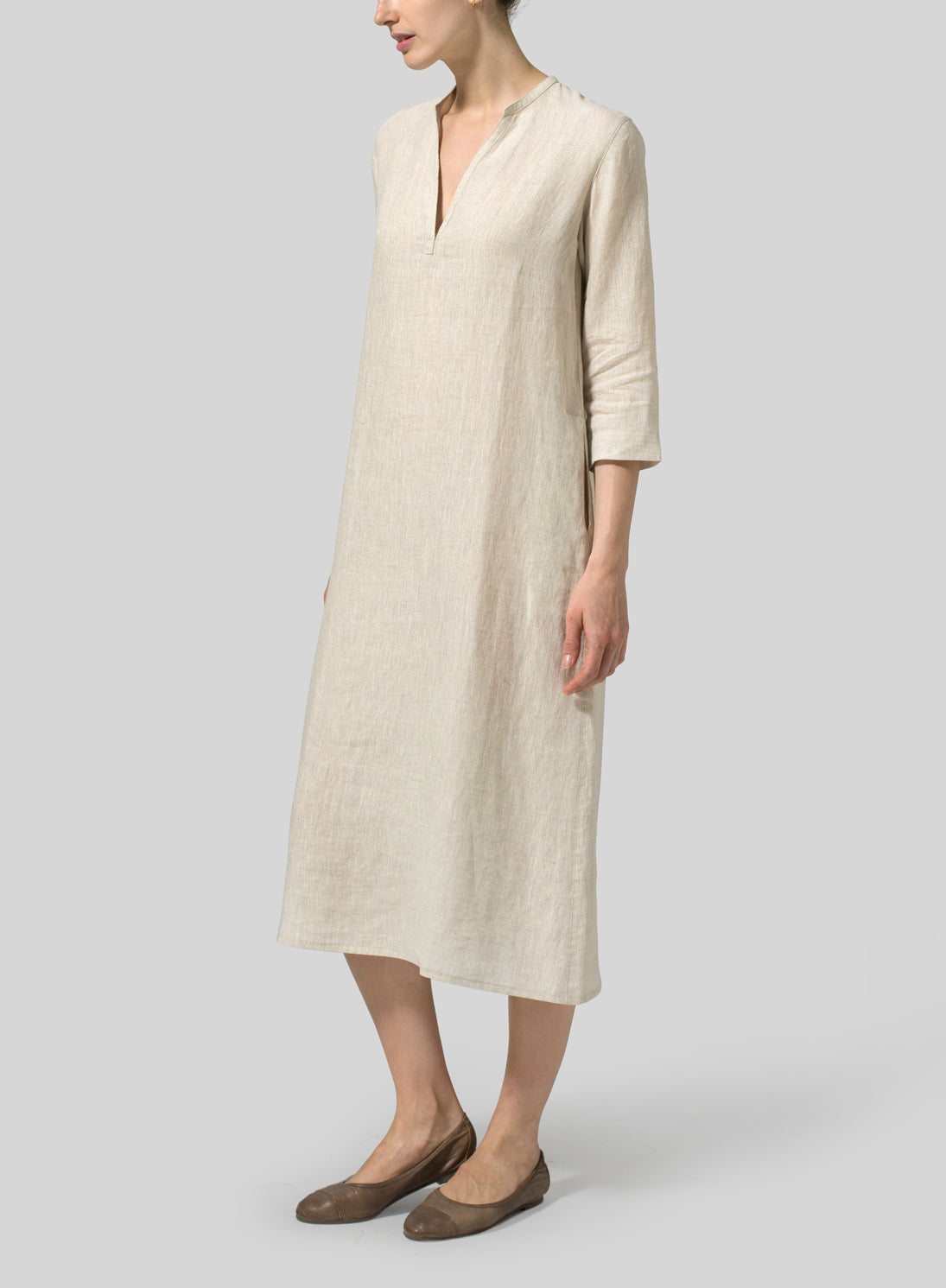 Womens Cotton And Linen V-Neck Plain Neck Dress Tunic