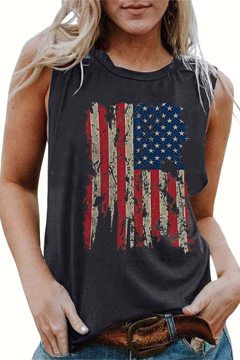 USA Flag Tongue Print Independent Day Round Neck Cotton T-shirt