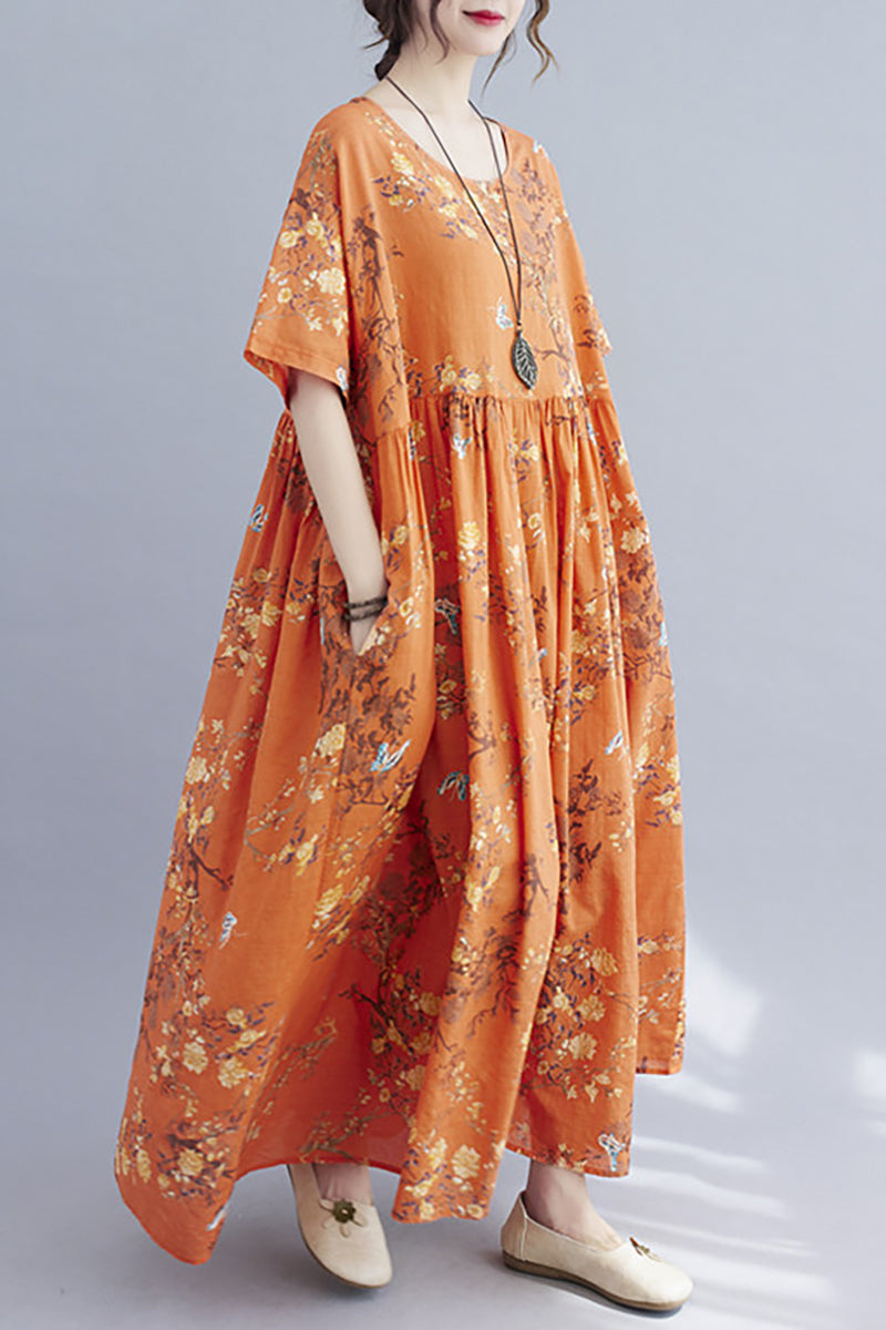 Orange Short Sleeved Round Neck Floral Print Linen Maxi Dress