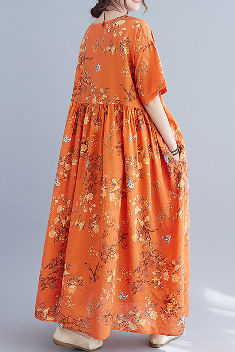 Orange Short Sleeved Round Neck Floral Print Linen Maxi Dress