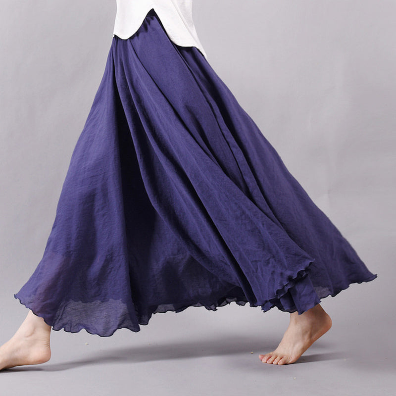 Linen Loose Fit Wide A-Line Pleated Hem Casual Maxi Skirt