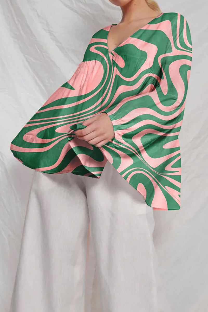 Deep V Neck Long Puff Sleeve Green Printed Linen Top PRE-ORDER