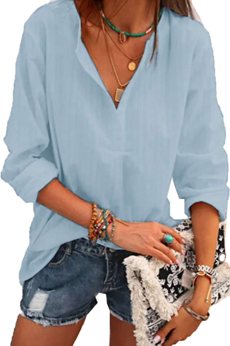 V Neck Long Sleeve Striped Button Up Casual Linen Blouse
