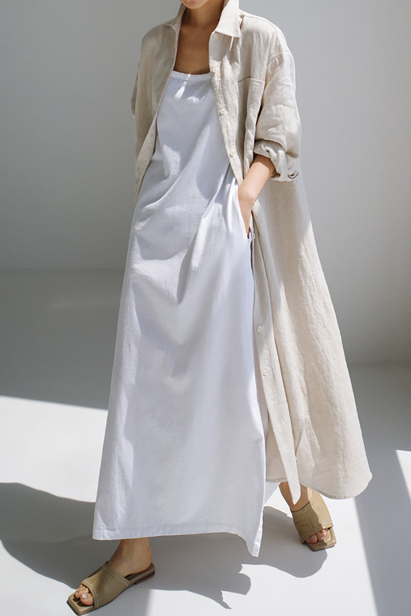 Stand Collar Long Sleeve Botton Slit Hem Pocket Casual Linen Blouse Maxi Dress