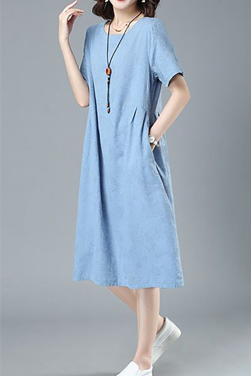 Round Neck Short Sleeve Pocket Linen Midi Dress